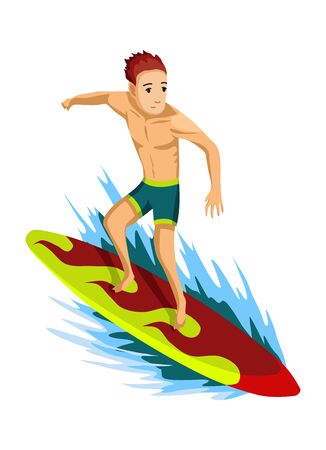 Summer beach activities. Guy rides on a surfboard. Wave conqueror. Beach vacation. Cartoon styleのイラスト素材