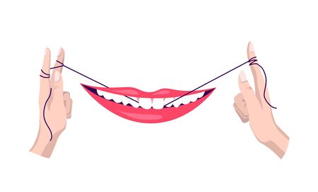 Clean teeth. Dental floss. Use hygiene floss for teeth. Oral health care concept. Mouth and teeth hygieneのイラスト素材