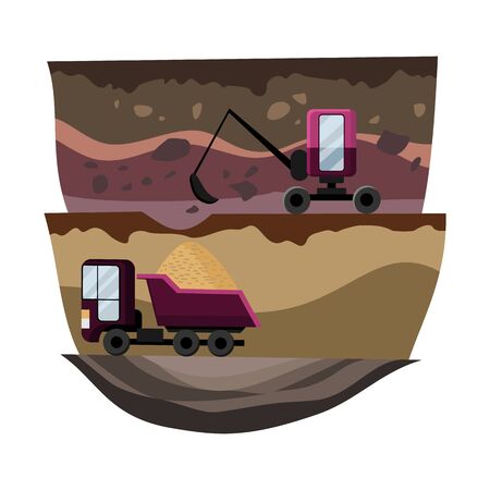 Natural resources design. Vector illustration of national treasure coal and sand. Mining quarry, heavy duty truck and a mining excavator. Equipment for high mining industry.のイラスト素材