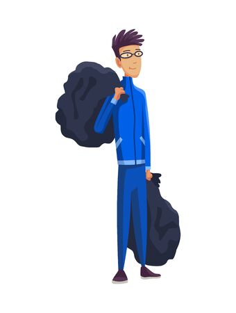Young man with two packages. Garbage collection. Volunteer collect garbage. Plastic pollution awareness, environment protection and eco themed designのイラスト素材