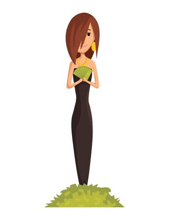 Vector cartoon rich people. Image of a funny young woman capitalist in a black dress with a bunch of money in the legs on a white background. Business, finance, monopoly, moneyのイラスト素材