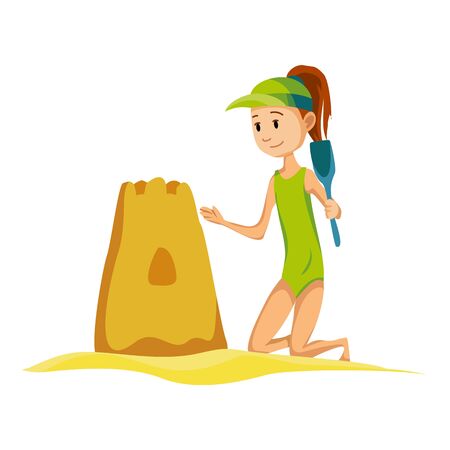 Summer beach activities. Girl build sand castle. Beach vacation. Cartoon style.のイラスト素材