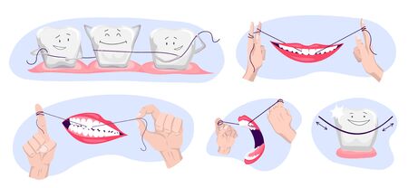 Collection of clean teeths. Dental floss. Use hygiene floss for teeth. Oral health care concept. Mouth and teeth hygiene.のイラスト素材