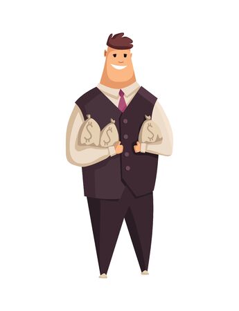 Vector cartoon rich people. Happy super rich successful businessman with huge green money bills pile. Very rich man bathing In his money, happy millionaire magnate maleのイラスト素材