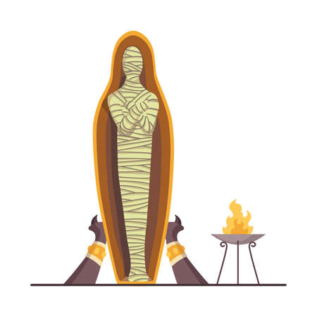 Egyptian mummy. Ancient archaeology sarcophagus. Tomb of pharaoh. Museum exposition with artifacts of ancient Egypt. Bandaged corpse. Religion and mythology. Ancient egyptian culture.のイラスト素材