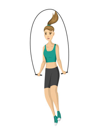 Woman fitness. Vector girl doing sport physical exercise. Workout aerobic fitness with skipping rope. Active and healthy life concept.のイラスト素材