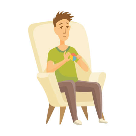 Home leisure. Boy sit on chair and playing Rubik Cube. Young people leisure time. Staying at home. Enjoyed leisure time alone.のイラスト素材