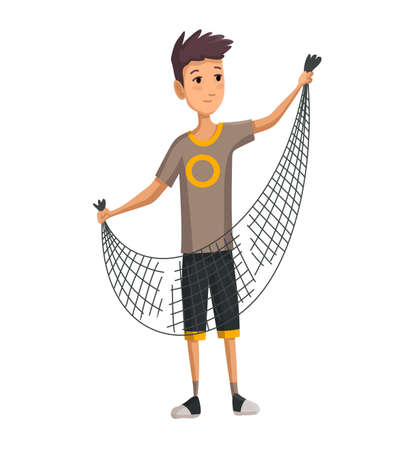 Young man with fish net in his hands. Boy prepares a fishing net. Successful fishing.のイラスト素材