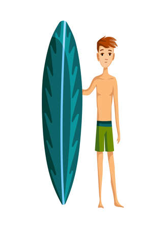 Summer beach activities. Guy standing with surfboard. Beach vacation. Cartoon styleのイラスト素材