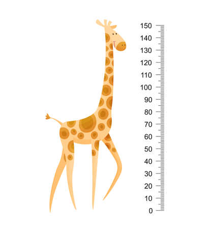 Funny giraffe. Cheerful funny giraffe with long neck. Giraffe meter wall or height chart or wall sticker. Illustration with scale from 2 to 150 centimeter to measure growthのイラスト素材