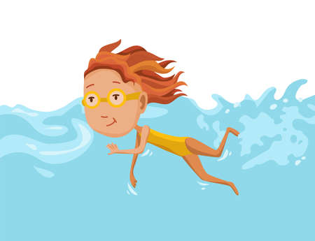 Children swimming in pool. Cheerful and active little girl swimming in pool. Girl in swimwear are swimming in a children pool. Underwater viewのイラスト素材