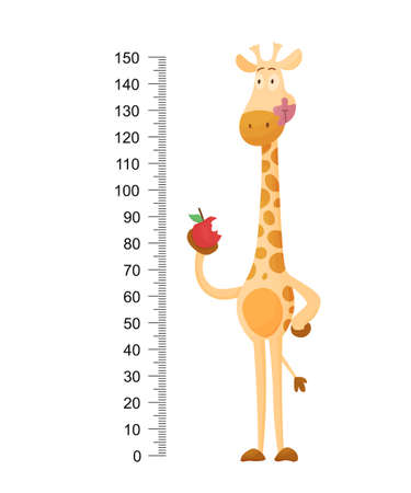 Funny giraffe. Cheerful funny giraffe with long neck. Giraffe meter wall or height chart or wall sticker. Illustration with scale from 2 to 150 centimeter to measure growthのイラスト素材