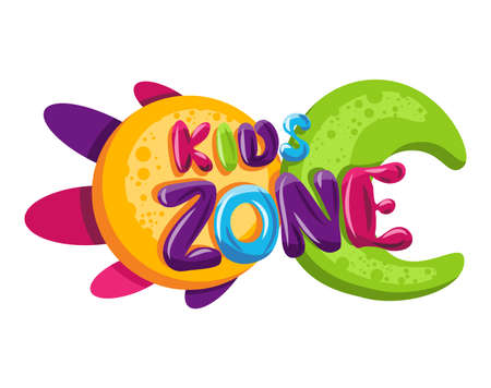 Kids zone. Children playground game room or center emblem. Playroom banner for children play zone. Kid entertainment camp poster. Toys fun playing zone, games party and play area posterのイラスト素材