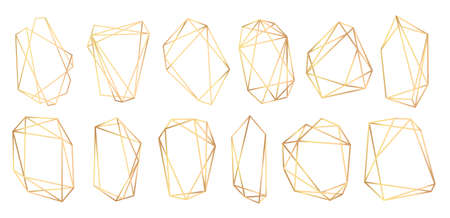 Geometric frames polyhedrons. Abstract gold frames. Luxury decorative modern polygonal geometric banner elements. Realistic detailed golden polygonal frames. Collection of geometrical polyhedronsのイラスト素材