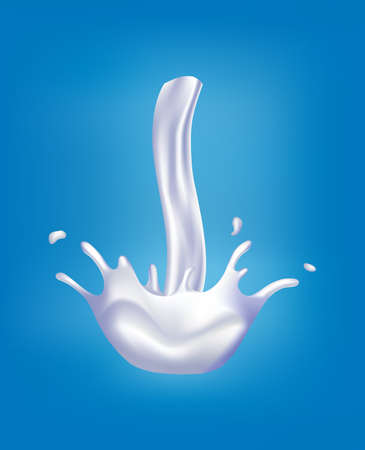 Realistic milk splash. Pouring white liquid or dairy products. Sample advertising realistic natural dairy products, yogurt or cream, isolated on blue backgroundのイラスト素材