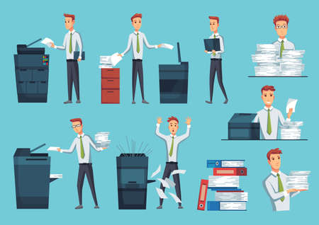 Collection of office documents copiers. Office workers prints documents on the copier. Mans works on a photocopier. Concept of office workのイラスト素材