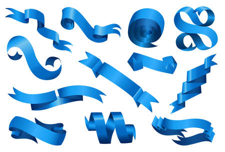Flat vector ribbons banners flat isolated on white background. Modern Design. Illustration set of blue tape and bowのイラスト素材