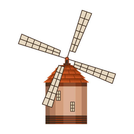 Traditional ancient windmill building. Rural organic agricultural production, ecological food manufacturing, clean energy concept, wind mill farm. Medieval european windmillのイラスト素材