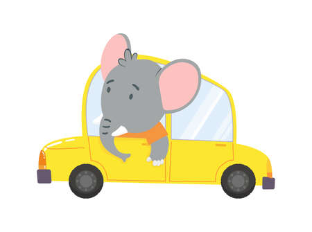 Colored kids transport with cute little elephant. Animal driving car. Cartoon animal driver, pets vehicle and happy in funny car. Transportation animal character travel in carのイラスト素材