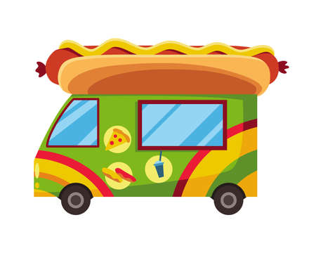 Street fast food. Mobile food car. Hot dog fast food street shop. Hot dog street cart, food marketのイラスト素材