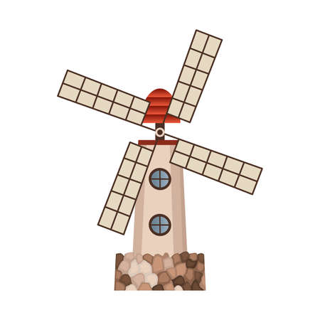 Traditional ancient european windmill building. Old rural windmill, village farm building. Alternative energy generation windmil. Medieval wind mill farmのイラスト素材