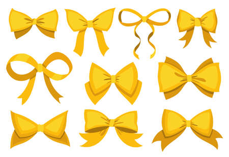 Gold bow set. Cartoon vector yellow luxury design elements of wrap pack. Satin bows with ribbons isolated on white backgroundのイラスト素材