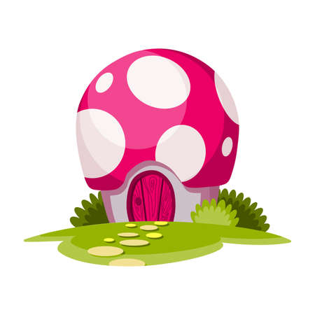 Fairytale house. Cartoon house in the shape of mushroom. Abstract building. Colorful illustration of housing for fairytale characters. Vector fantasy house on white backgroundのイラスト素材
