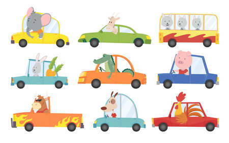 Colored set of kids transport with cute little animals driving car. Collection cartoon animal driver, pets vehicle and happy in funny cars. Transportation animals character travel in carsのイラスト素材