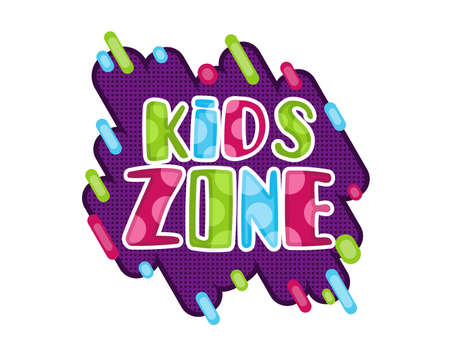 Kids zone. Children playground game room or center emblem. Playroom banner for children play zone. Kid entertainment camp poster. Toys fun playing zone, games party and play area posterのイラスト素材