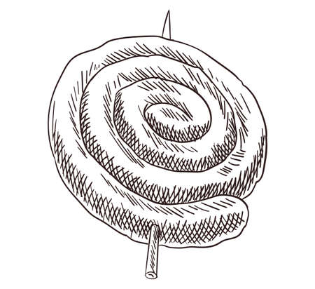 Meat top view frame. Engraved design. Sausage prepared to bbq design template. Vintage hand drawn sketch vector illustration. Good nutritionのイラスト素材