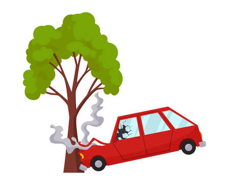 Accident on road car damaged. Road accident icon. Car crash when met a tree. Damaged vehicle insurance. Damaged auto. Not recoverable. Good for advertising an insurance companyのイラスト素材