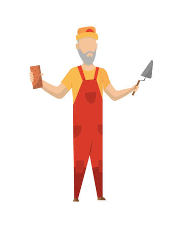 Builder. Mason. Construction worker with professional equipment during building activity. Vector illustration. Professional construction worker characterのイラスト素材