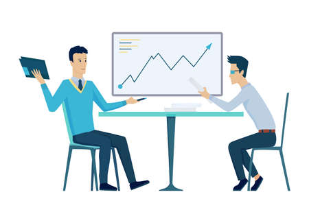 Office meeting. Teamwork at workplace. Business planning process. People talking and working at conference room. Vector cartoon interior. Discussion of the company business strategyのイラスト素材