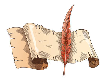 Old books. Vector old scroll paper with vintage antique quill. Parchment paper. Retro writing stationery for poetry work or educationのイラスト素材