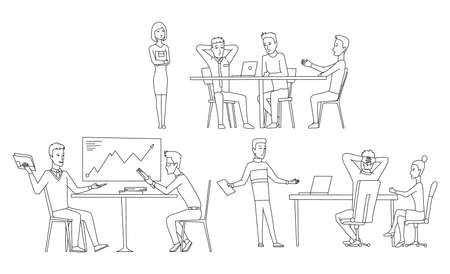 Collection of office meetings. Coloring style. Teamwork at workplace. Business planning process. People talking and working at conference room. Discussion of the company business strategyのイラスト素材