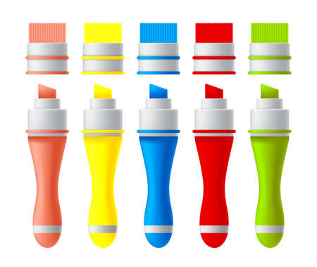 Set of colorful markers. Vector realistic highlighters, felt tip marker or pens collection for design in home, office and school projects, scrapbooks. Children and artist vivid painting toolsのイラスト素材
