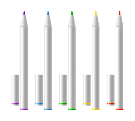 Set of colorful markers. Vector realistic highlighters, felt tip marker or pens collection for design in home, office and school projects, scrapbooks. Children and artist vivid painting toolsのイラスト素材