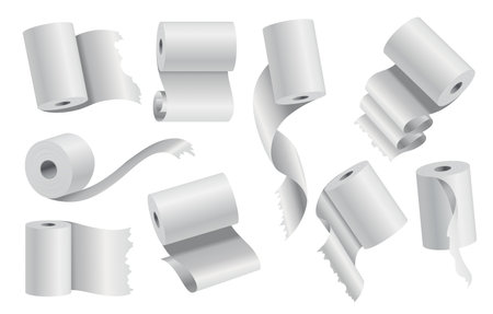 Realistic toilet paper or kitchen towel roll template mockup set isolated vector illustration. Blank white 3d object. Sanitary absorbent paper, rolled around a cardboard cylinderのイラスト素材