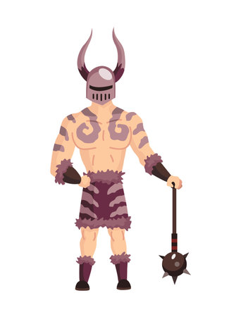 Medieval kingdom character of middle ages historic period vector Illustration. Medieval fighter or viking in full armor flat illustrationのイラスト素材