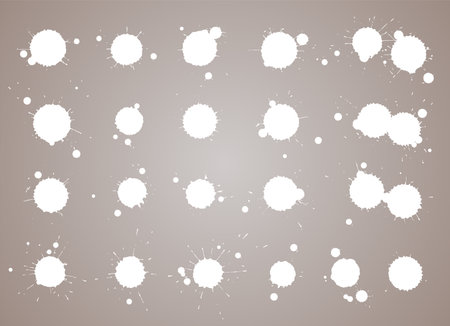 Creative isolated paint brush spots. Ink smudge abstract shape stains set with texture. Grunge design elements. Collection of different dropsのイラスト素材