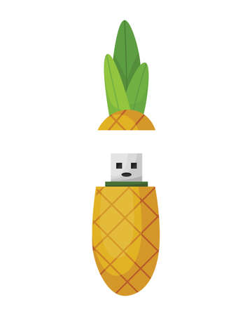 USB flash drive icon. Cartoon symbol of pineapple. Colored memory stick isolated on white background in flat styleのイラスト素材