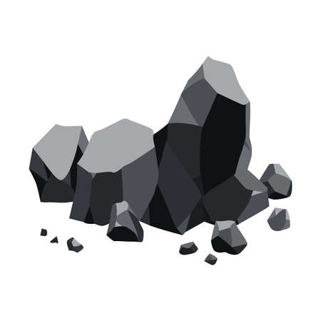 Coal black mineral resources. Pieces of fossil stone. Polygonal shapes. Black rock stones of graphite or charcoal. Energy resource charcoal iconのイラスト素材