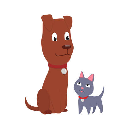 Cats and dog characters best happy friends. Together spending time isolated on white background. Funny flat cartoon colorful friendship pets. Vector illustrationのイラスト素材