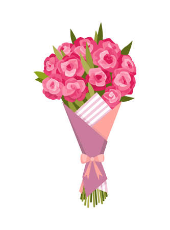 Flowers bouquet. Floral gift for wedding or holiday concept. Design element for greeting card or postcard. Flat colorful vector illustration isolated on whiteのイラスト素材