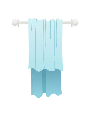 Bathroom element. Heated towel rack in polished steel or chrome finish with blue color towel. Isolated on white backgroundのイラスト素材