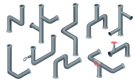 Isometric pipes. Water tubes, pipeline with valve. Oil, gas industry tube construction. Plastic plumbing system 3d vector isolated set. Pieces of pipesのイラスト素材