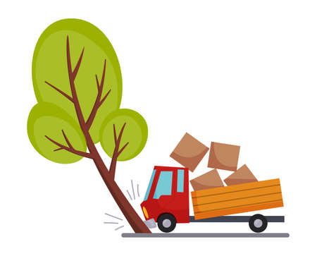 Accident on road car damaged. Road accident icon. Truck crash when met a tree. Damaged vehicle insurance. Damaged auto. Not recoverable. Good for advertising an insurance companyのイラスト素材