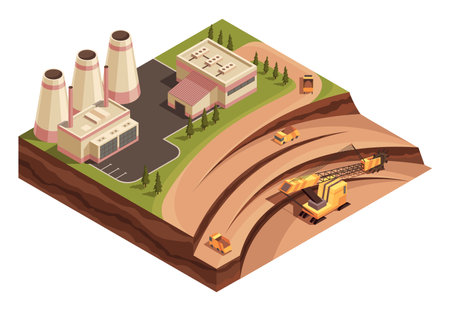 Isometric mining industry and power generating. Composition with images of factory buildings and opencast mine with extractive equipment for quarrying. Industrial vehicles working in extraction areaのイラスト素材