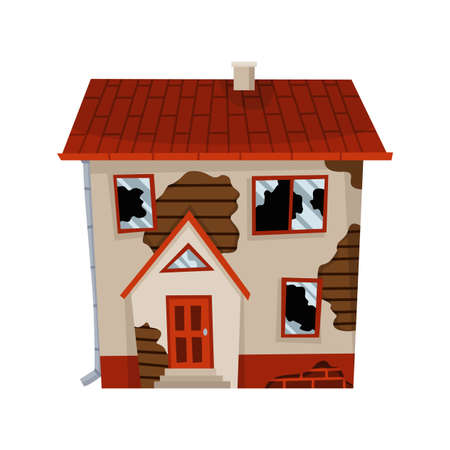 Old weathered house or dwelling. Abandoned home in bad condition. Bad old trouble building with damaged roof, shabby walls and exterior. Isolated neglected propertyのイラスト素材