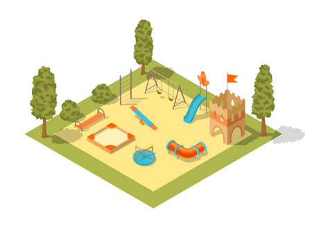 Isometric playground concept for outdoor family pastime. Playful kindergarten. Colored 3d isometric kids playground with park objects and gaming complexesのイラスト素材